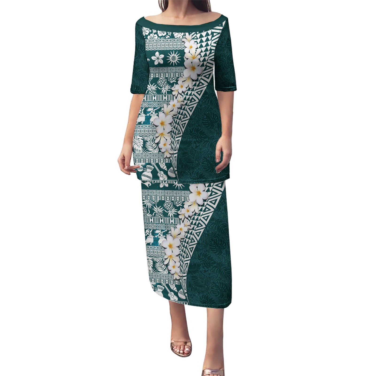 Hawaii Plumeria Tribal Vintage Puletasi Special Turquoise LT03 Long Dress Turquoise - Polynesian Pride