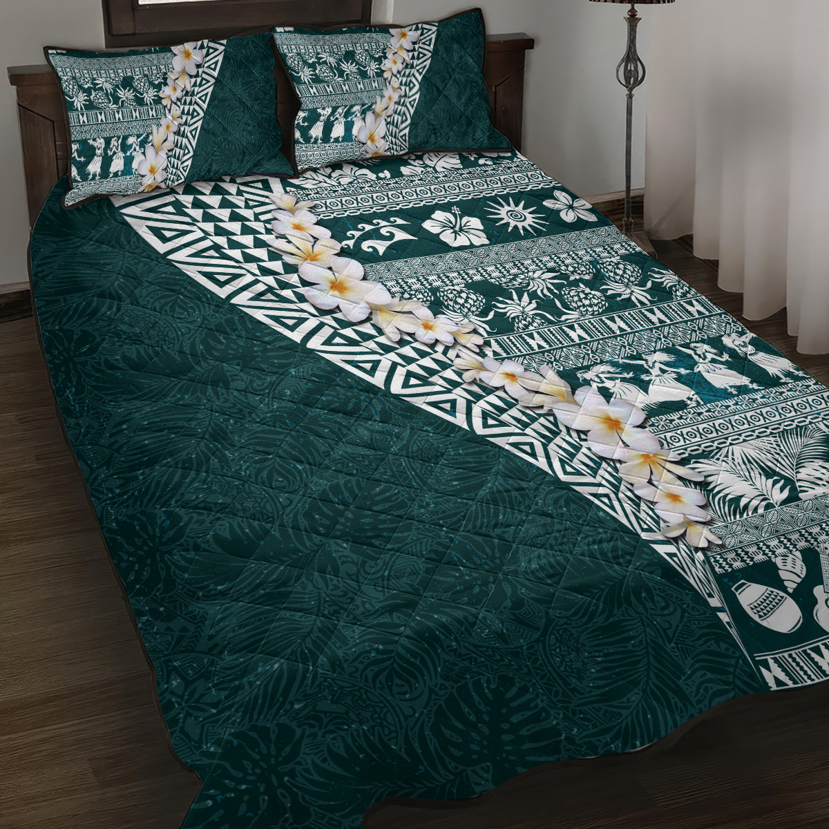 Hawaii Plumeria Tribal Vintage Quilt Bed Set Special Turquoise LT03 Turquoise - Polynesian Pride