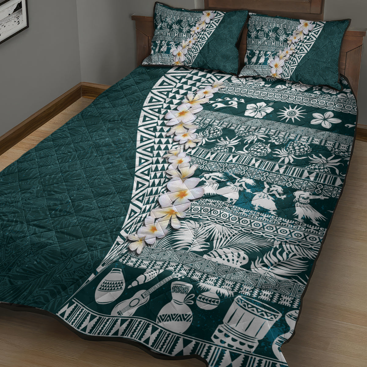 Hawaii Plumeria Tribal Vintage Quilt Bed Set Special Turquoise LT03 - Polynesian Pride