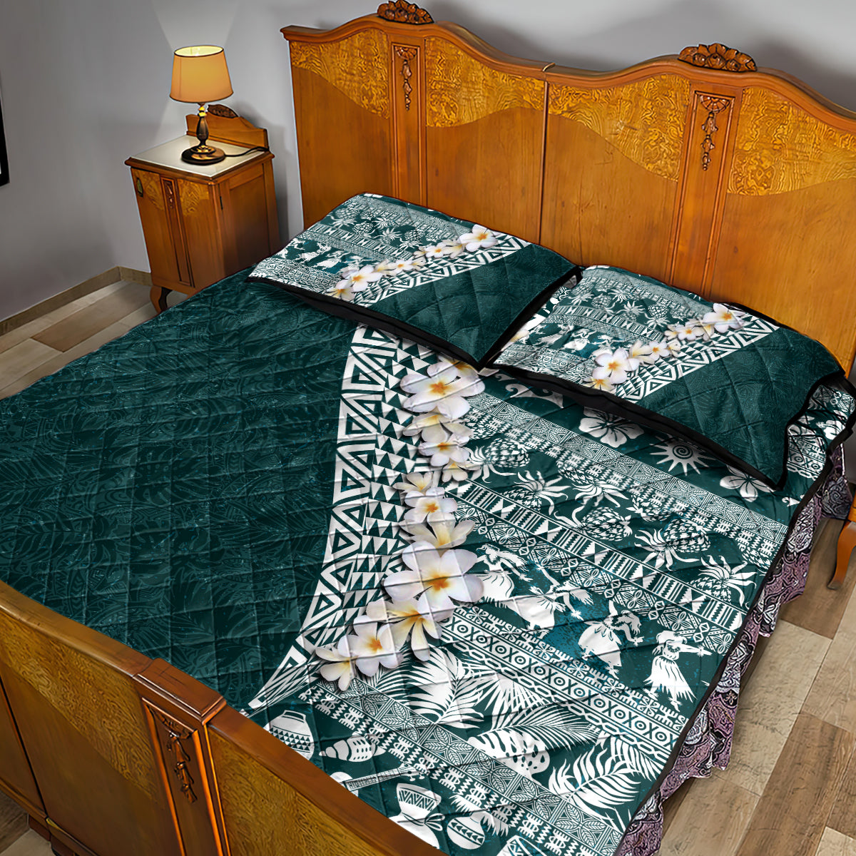 Hawaii Plumeria Tribal Vintage Quilt Bed Set Special Turquoise LT03 - Polynesian Pride