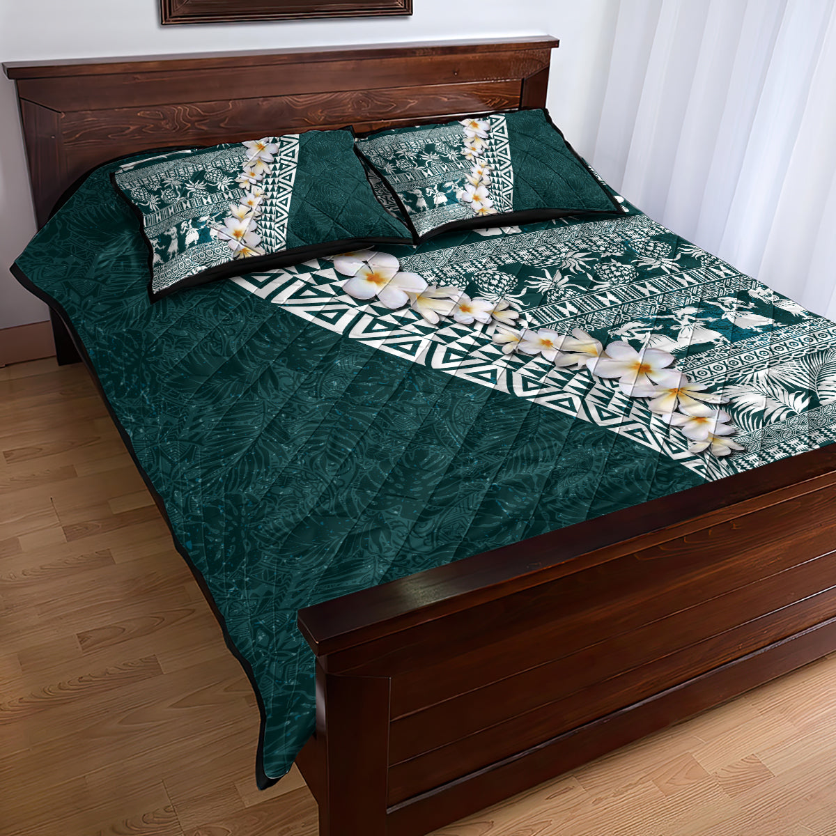 Hawaii Plumeria Tribal Vintage Quilt Bed Set Special Turquoise LT03 - Polynesian Pride