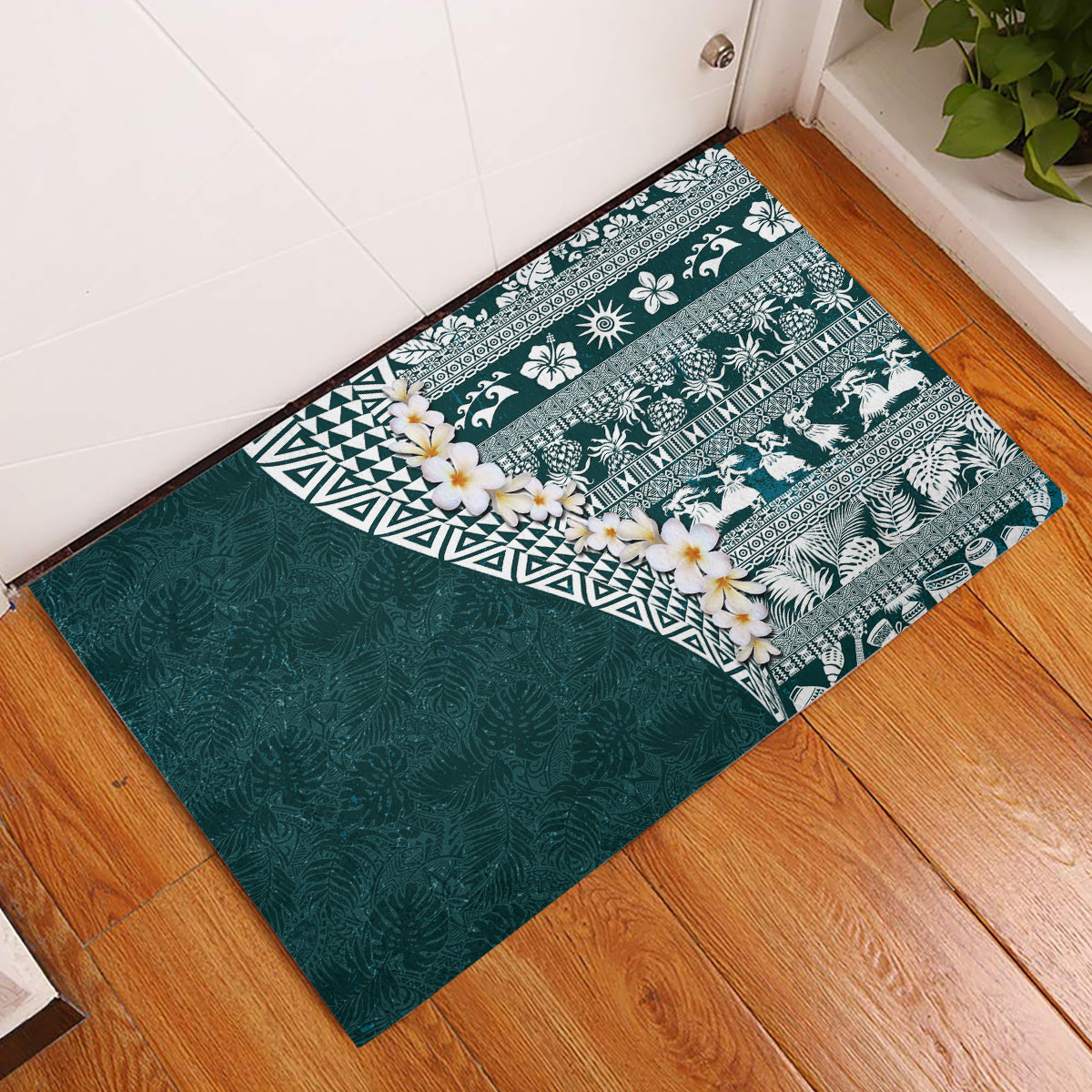 Hawaii Plumeria Tribal Vintage Rubber Doormat Special Turquoise
