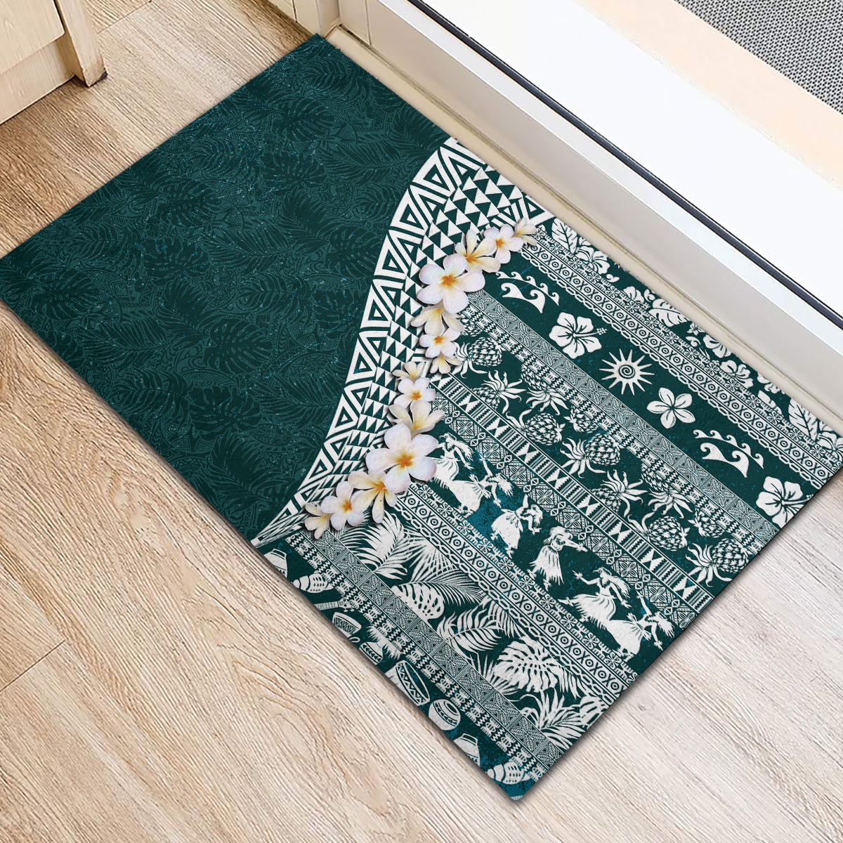 Hawaii Plumeria Tribal Vintage Rubber Doormat Special Turquoise