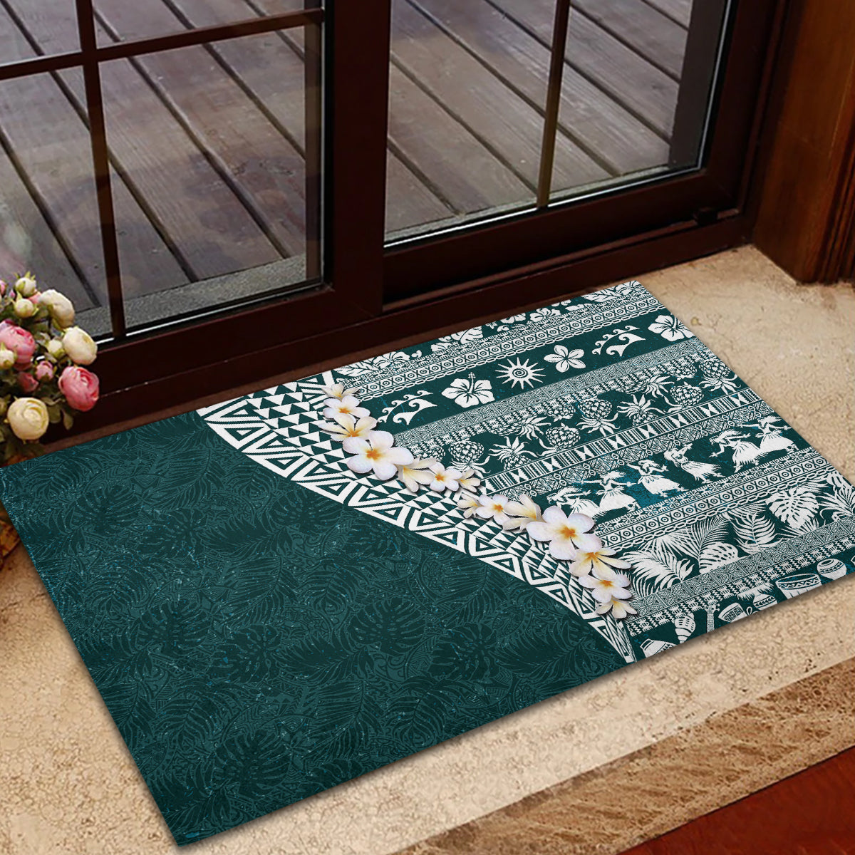 Hawaii Plumeria Tribal Vintage Rubber Doormat Special Turquoise