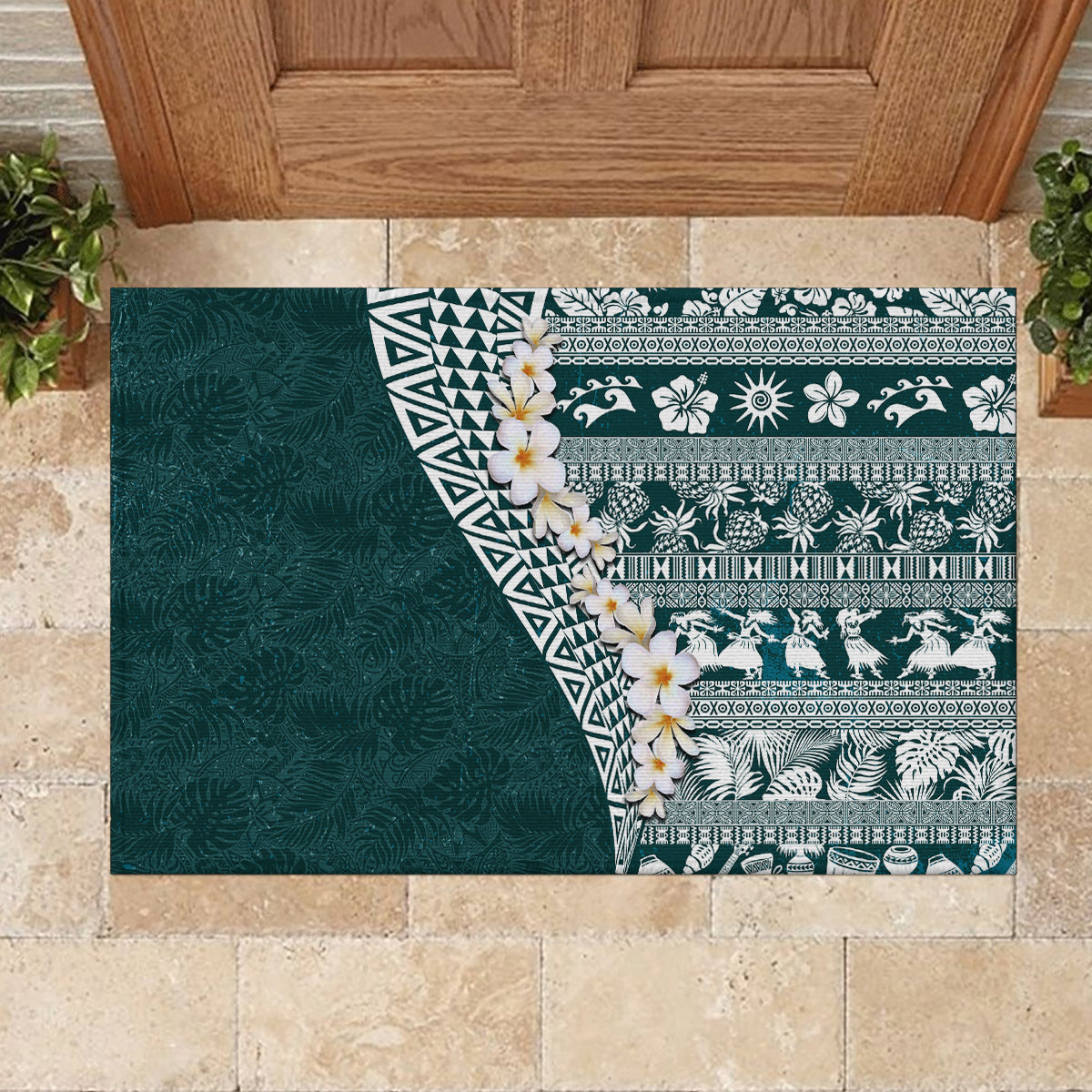 Hawaii Plumeria Tribal Vintage Rubber Doormat Special Turquoise