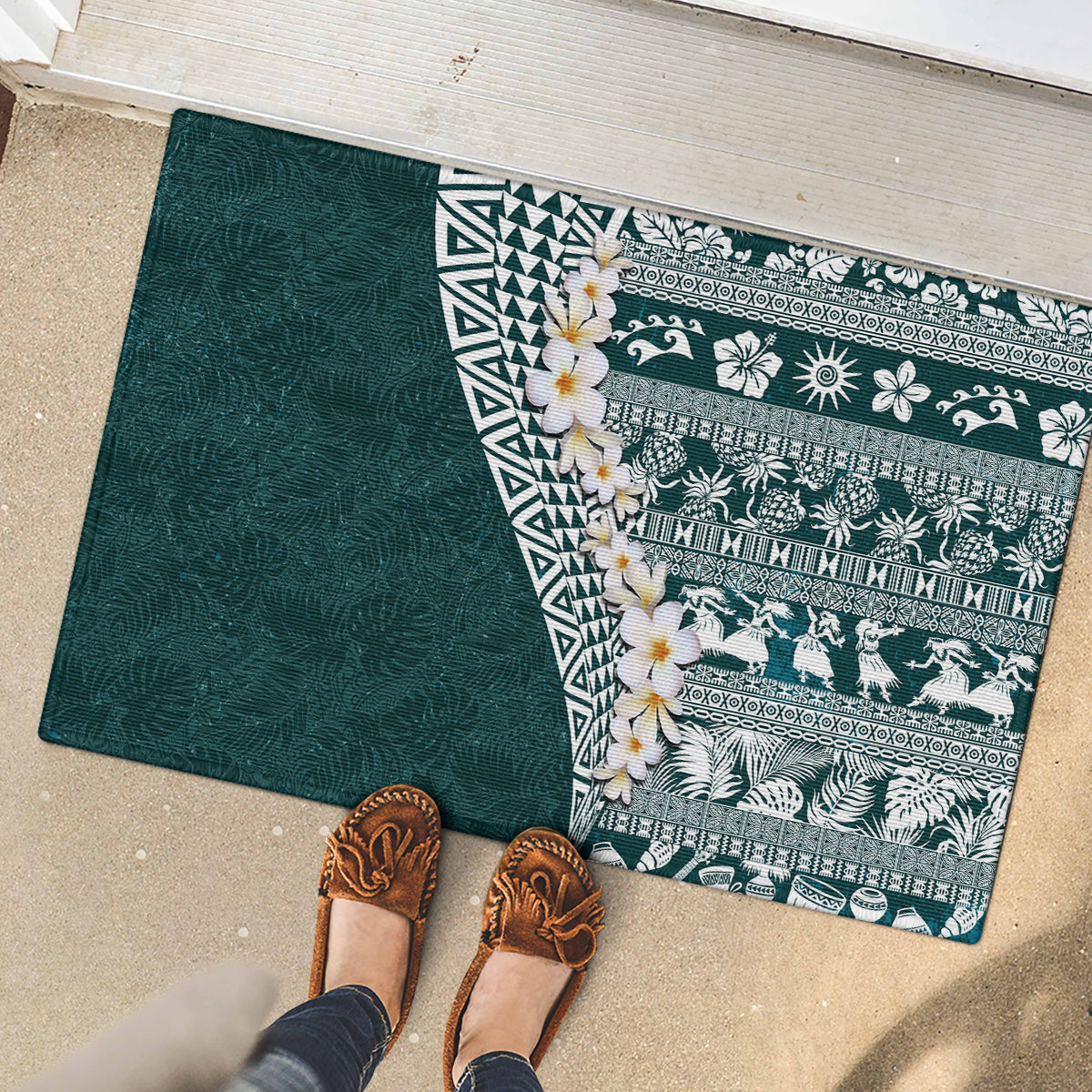 Hawaii Plumeria Tribal Vintage Rubber Doormat Special Turquoise