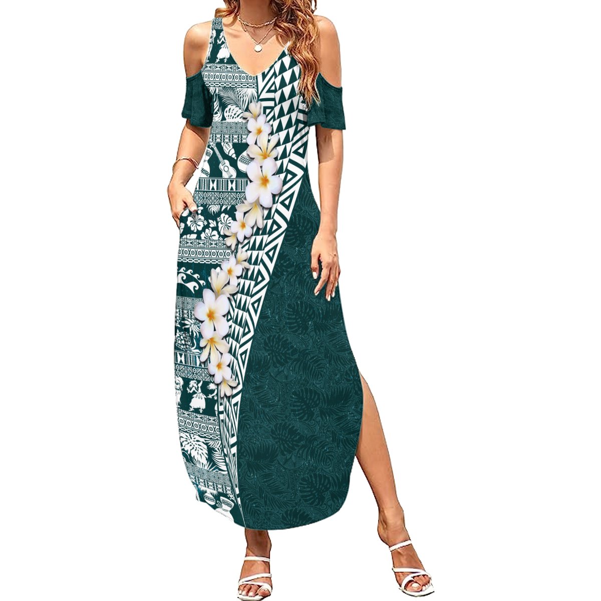 Hawaii Plumeria Tribal Vintage Summer Maxi Dress Special Turquoise LT03 Women Turquoise - Polynesian Pride