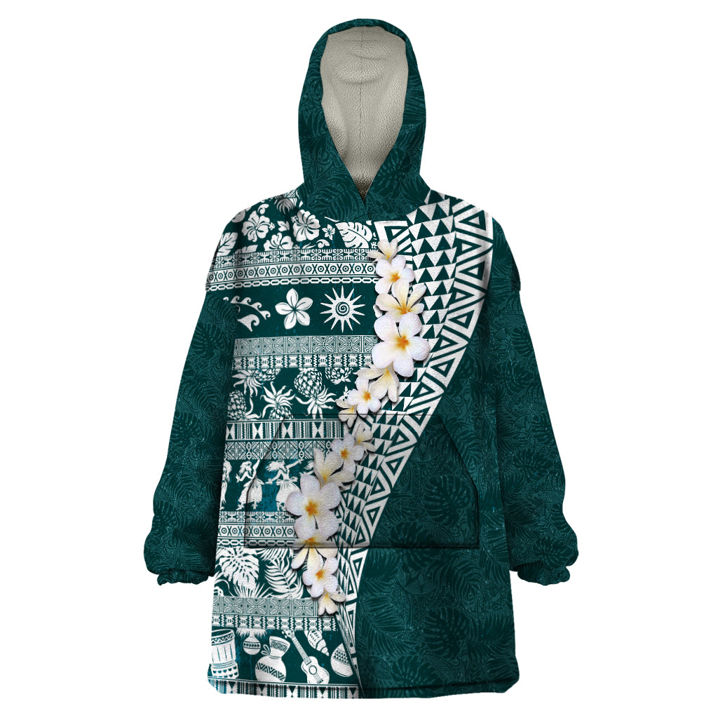 Hawaii Plumeria Tribal Vintage Wearable Blanket Hoodie Special Turquoise