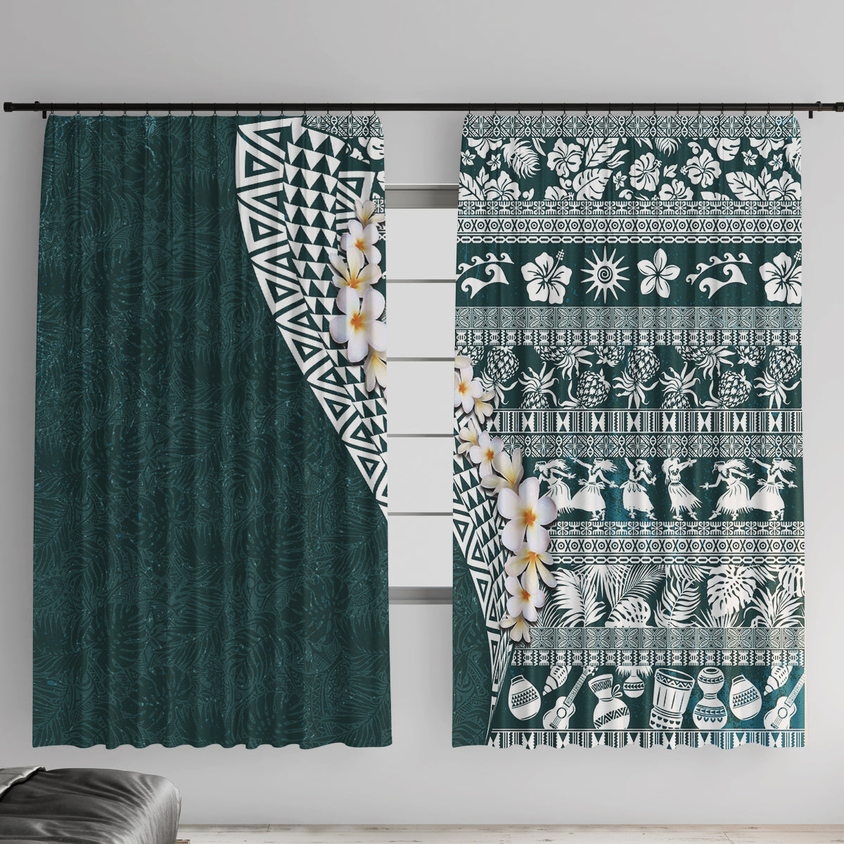 Hawaii Plumeria Tribal Vintage Window Curtain Special Turquoise LT03 With Hooks Turquoise - Polynesian Pride