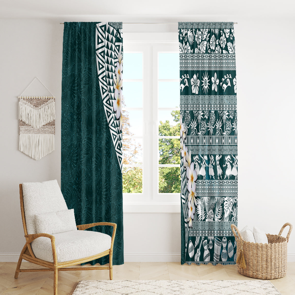 Hawaii Plumeria Tribal Vintage Window Curtain Special Turquoise LT03 - Polynesian Pride
