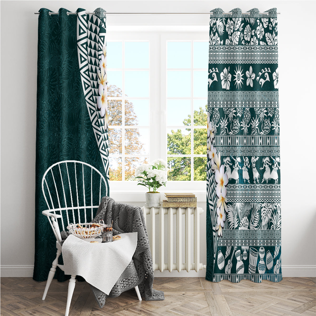 Hawaii Plumeria Tribal Vintage Window Curtain Special Turquoise LT03 - Polynesian Pride