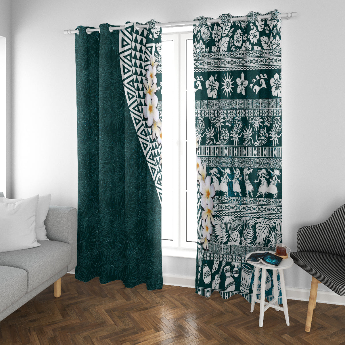 Hawaii Plumeria Tribal Vintage Window Curtain Special Turquoise LT03 With Grommets Turquoise - Polynesian Pride