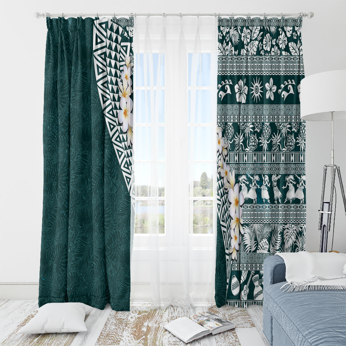 Hawaii Plumeria Tribal Vintage Window Curtain Special Turquoise LT03 - Polynesian Pride