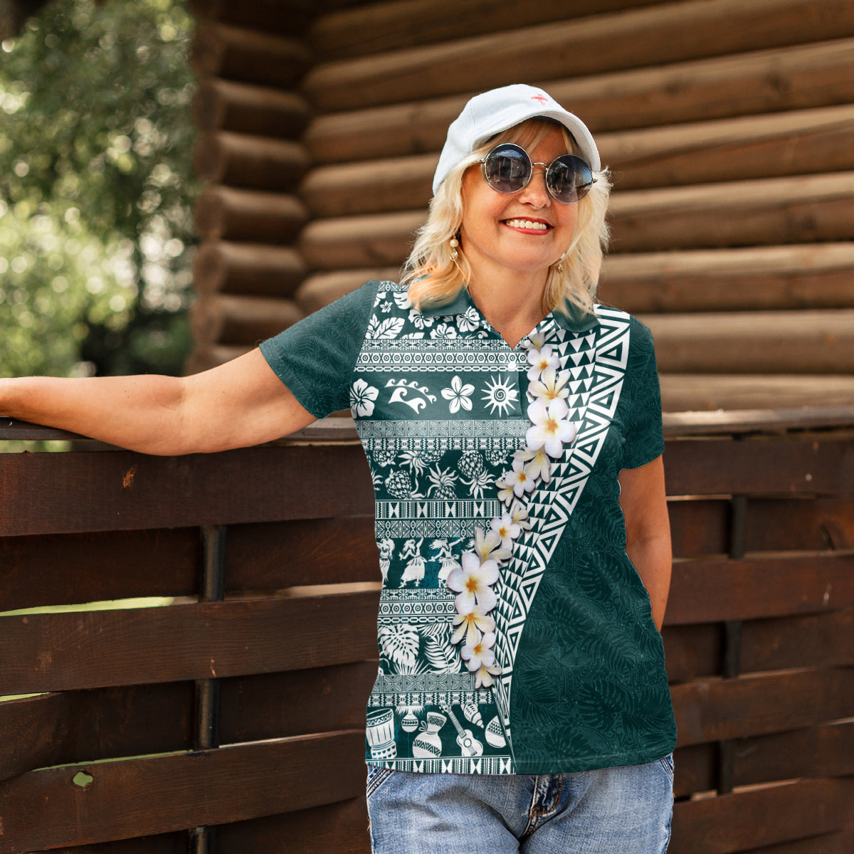 Hawaii Plumeria Tribal Vintage Women Polo Shirt Special Turquoise