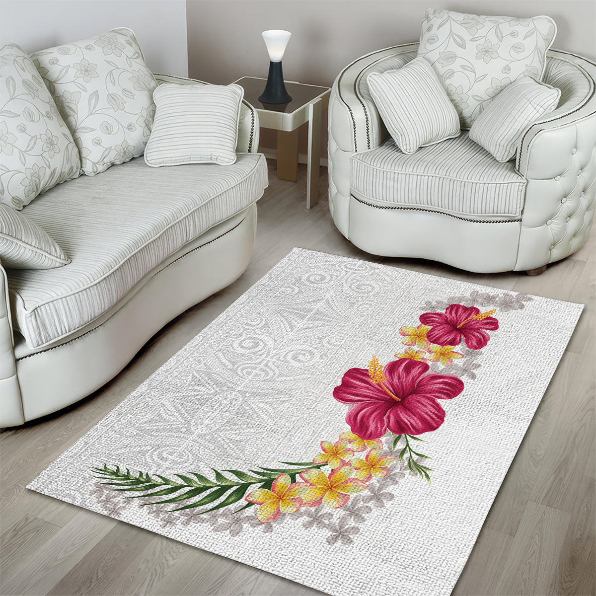 Hawaiian Plumeria and Hibiscus Area Rug White Mode