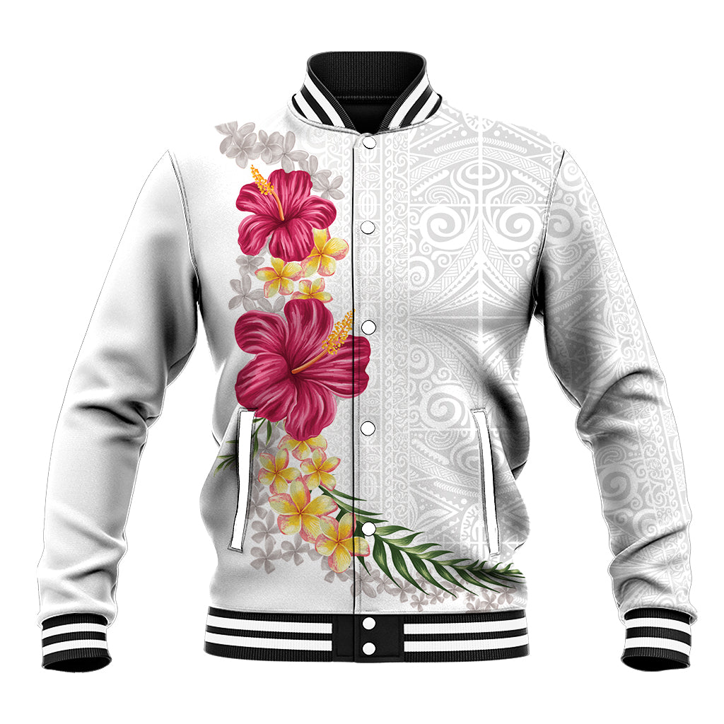 Hawaiian Plumeria and Hibiscus Baseball Jacket White Mode