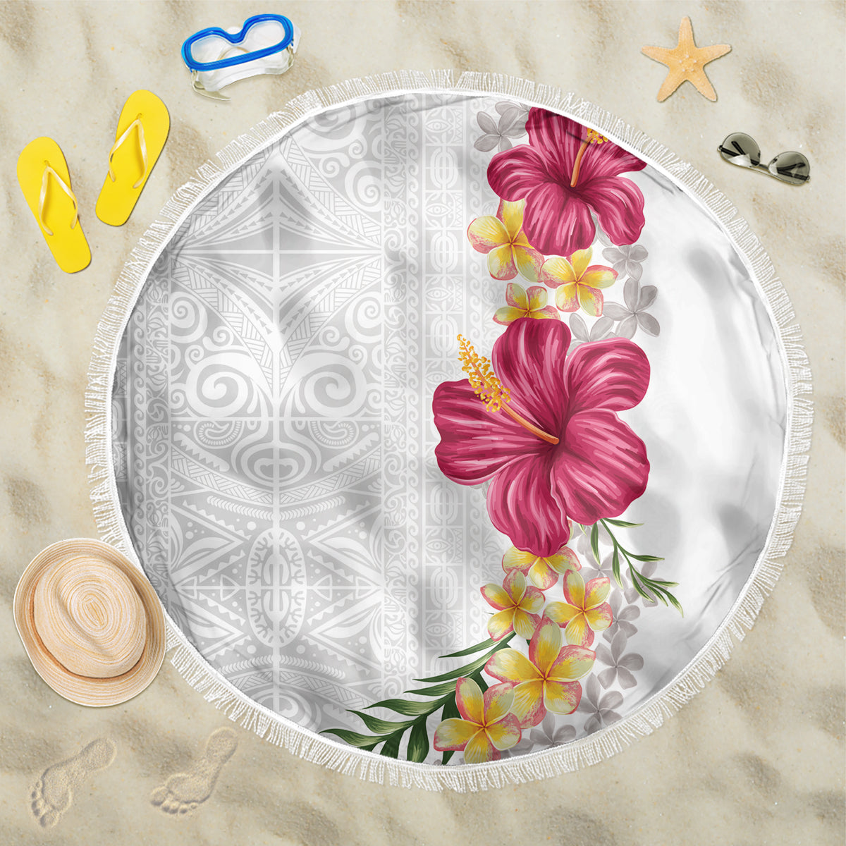 Hawaiian Plumeria and Hibiscus Beach Blanket White Mode