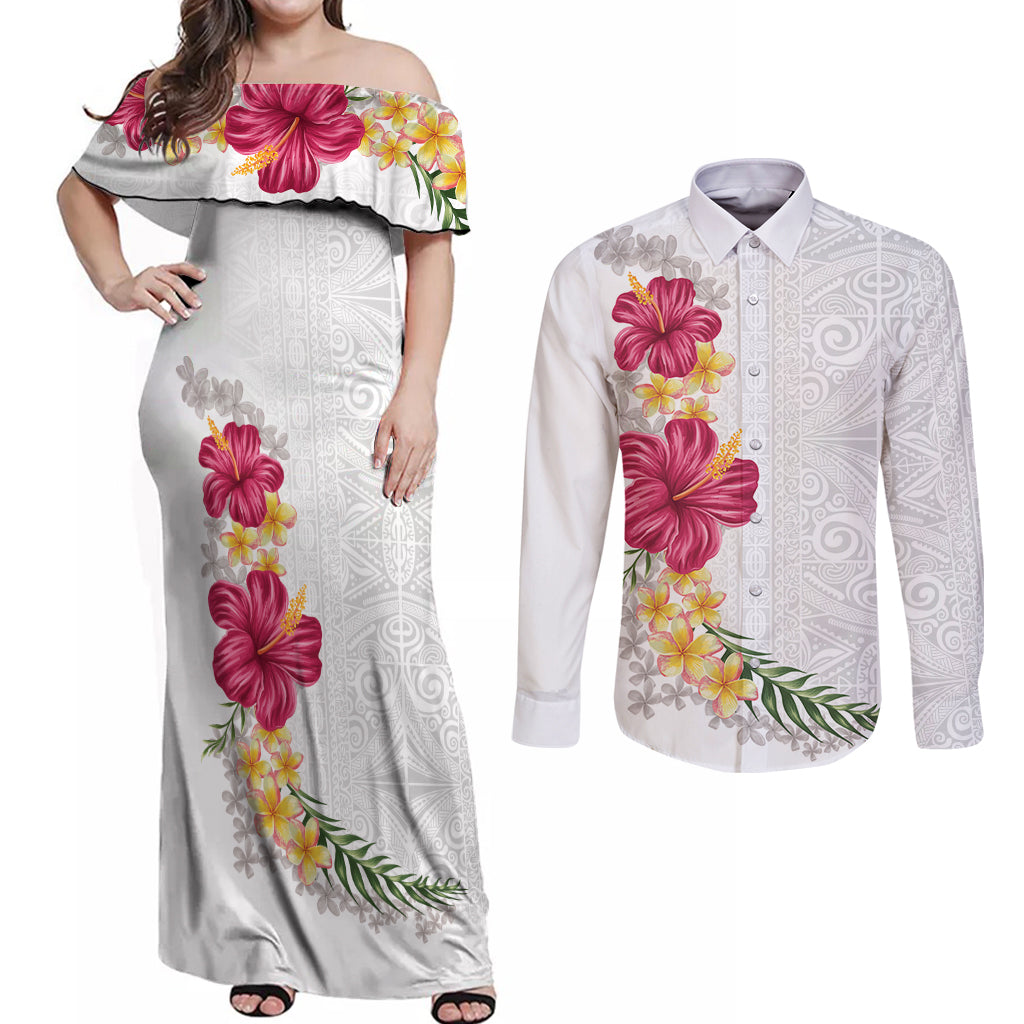 Hawaiian Plumeria and Hibiscus Couples Matching Off Shoulder Maxi Dress and Long Sleeve Button Shirt White Mode