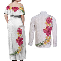 Hawaiian Plumeria and Hibiscus Couples Matching Off Shoulder Maxi Dress and Long Sleeve Button Shirt White Mode