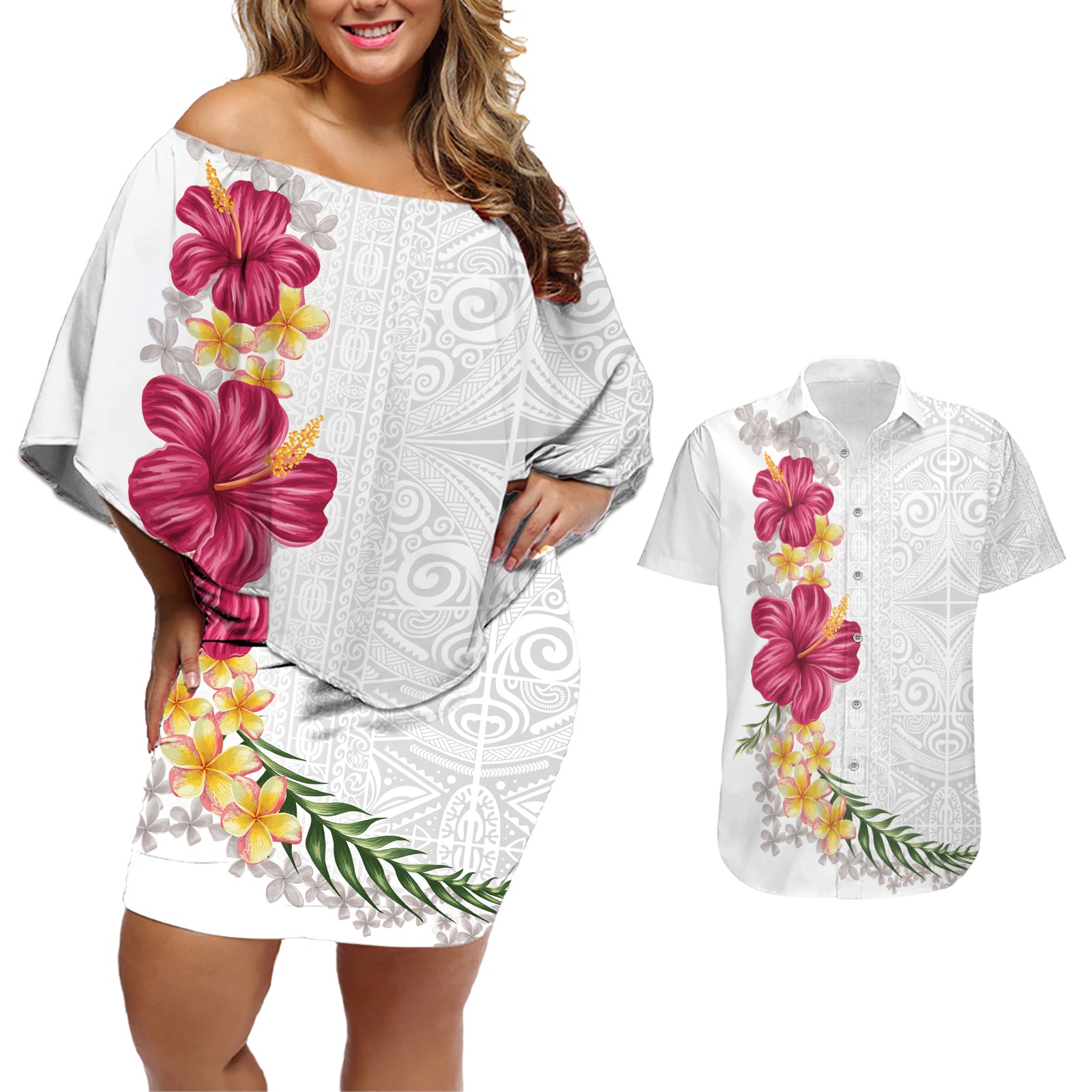 Hawaiian Plumeria and Hibiscus Couples Matching Off Shoulder Short Dress and Hawaiian Shirt White Mode