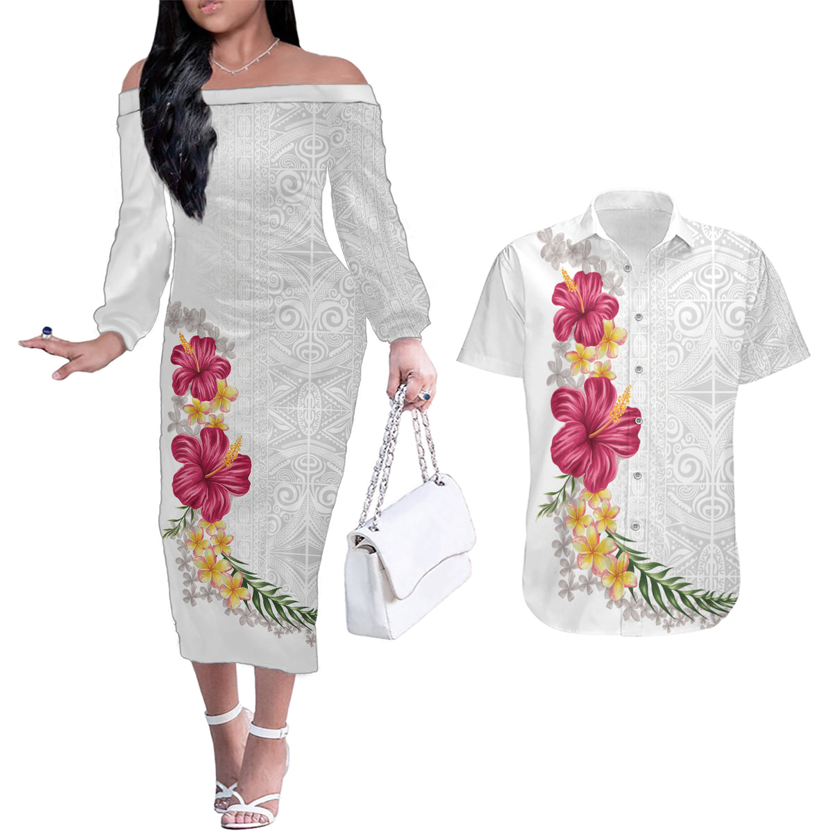 Hawaiian Plumeria and Hibiscus Couples Matching Off The Shoulder Long Sleeve Dress and Hawaiian Shirt White Mode