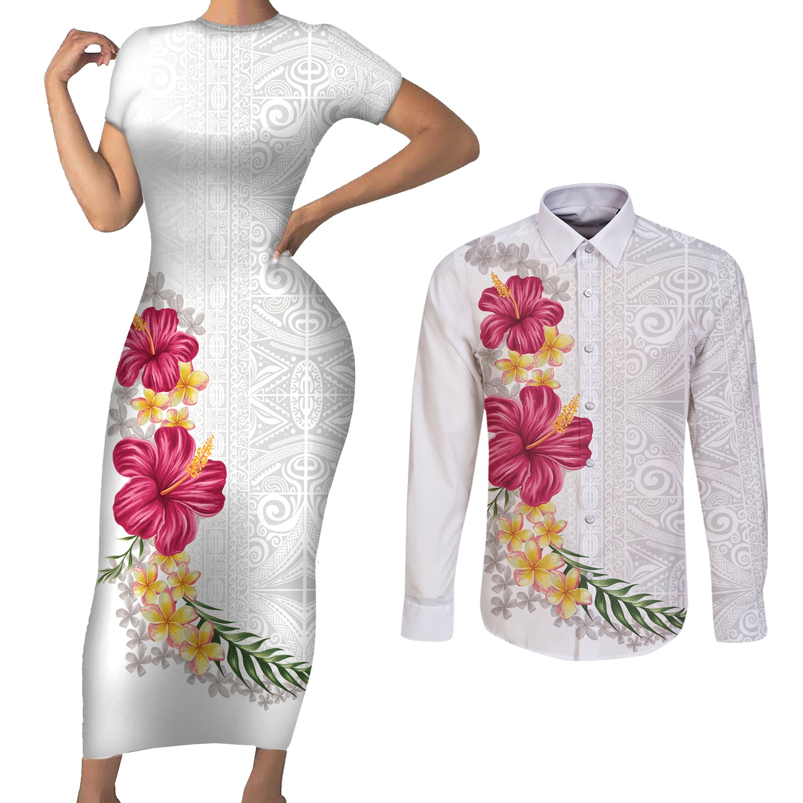 Hawaiian Plumeria and Hibiscus Couples Matching Short Sleeve Bodycon Dress and Long Sleeve Button Shirt White Mode