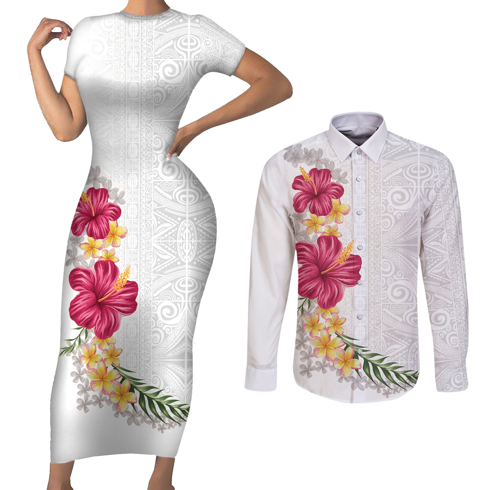 Hawaiian Plumeria and Hibiscus Couples Matching Short Sleeve Bodycon Dress and Long Sleeve Button Shirt White Mode