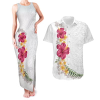 Hawaiian Plumeria and Hibiscus Couples Matching Tank Maxi Dress and Hawaiian Shirt White Mode