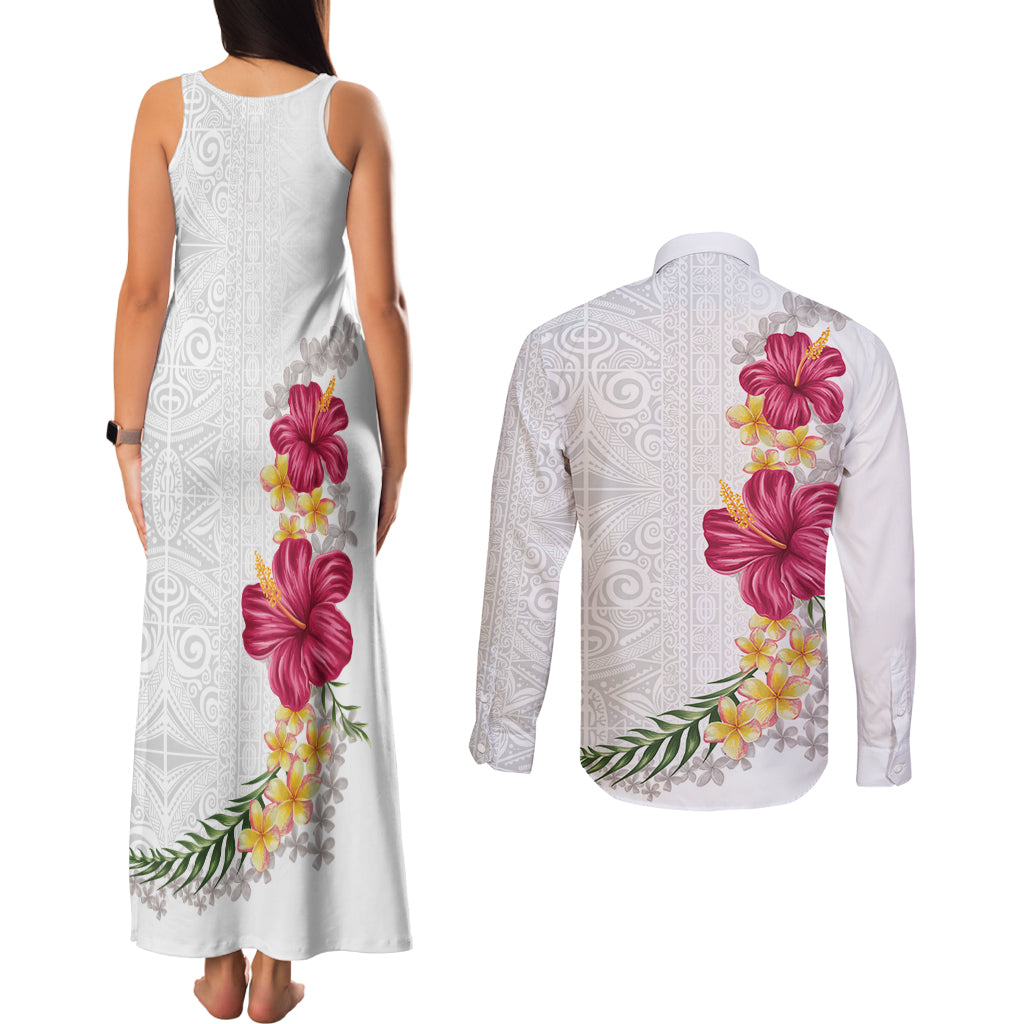 Hawaiian Plumeria and Hibiscus Couples Matching Tank Maxi Dress and Long Sleeve Button Shirt White Mode