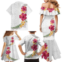 Hawaiian Plumeria and Hibiscus Family Matching Mermaid Dress and Hawaiian Shirt White Mode
