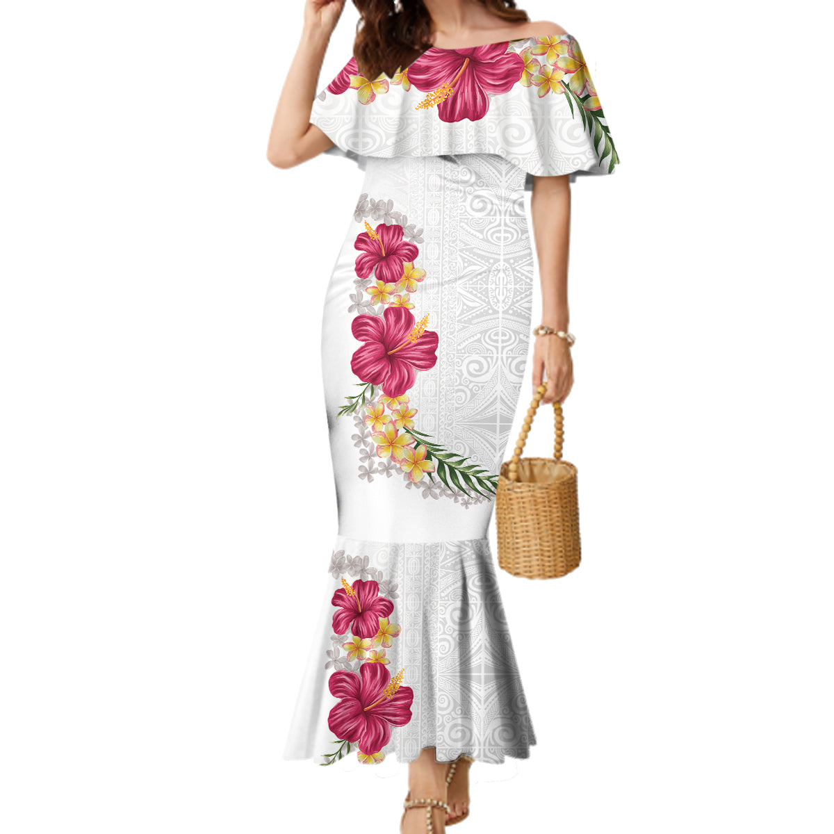 Hawaiian Plumeria and Hibiscus Family Matching Mermaid Dress and Hawaiian Shirt White Mode