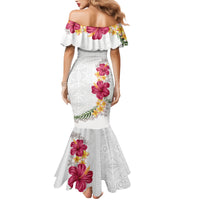 Hawaiian Plumeria and Hibiscus Family Matching Mermaid Dress and Hawaiian Shirt White Mode
