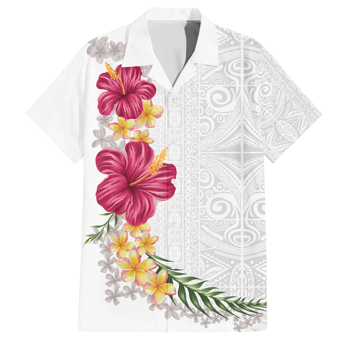 Hawaiian Plumeria and Hibiscus Family Matching Off Shoulder Short Dress and Hawaiian Shirt White Mode