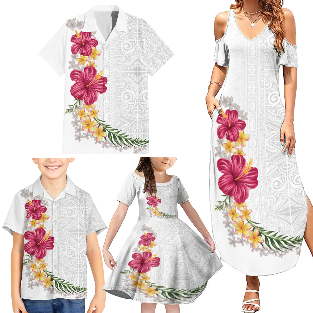 Hawaiian Plumeria and Hibiscus Family Matching Summer Maxi Dress and Hawaiian Shirt White Mode