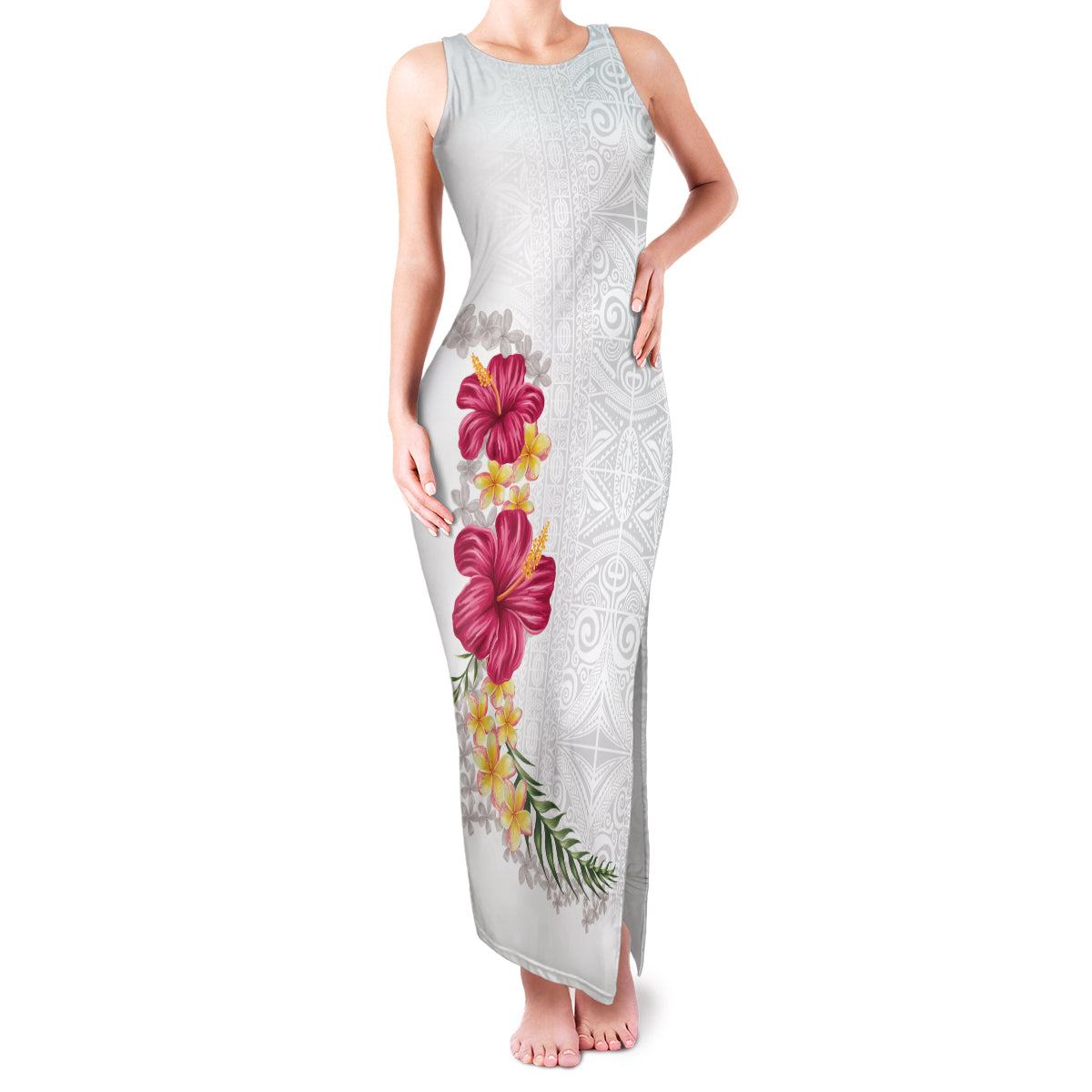 Hawaiian Plumeria and Hibiscus Family Matching Tank Maxi Dress and Hawaiian Shirt White Mode