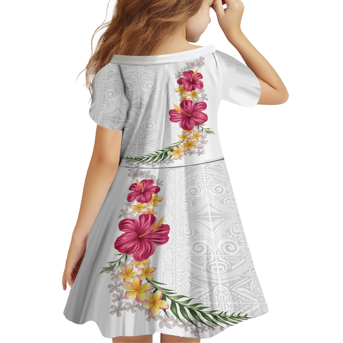 Hawaiian Plumeria and Hibiscus Kid Short Sleeve Dress White Mode