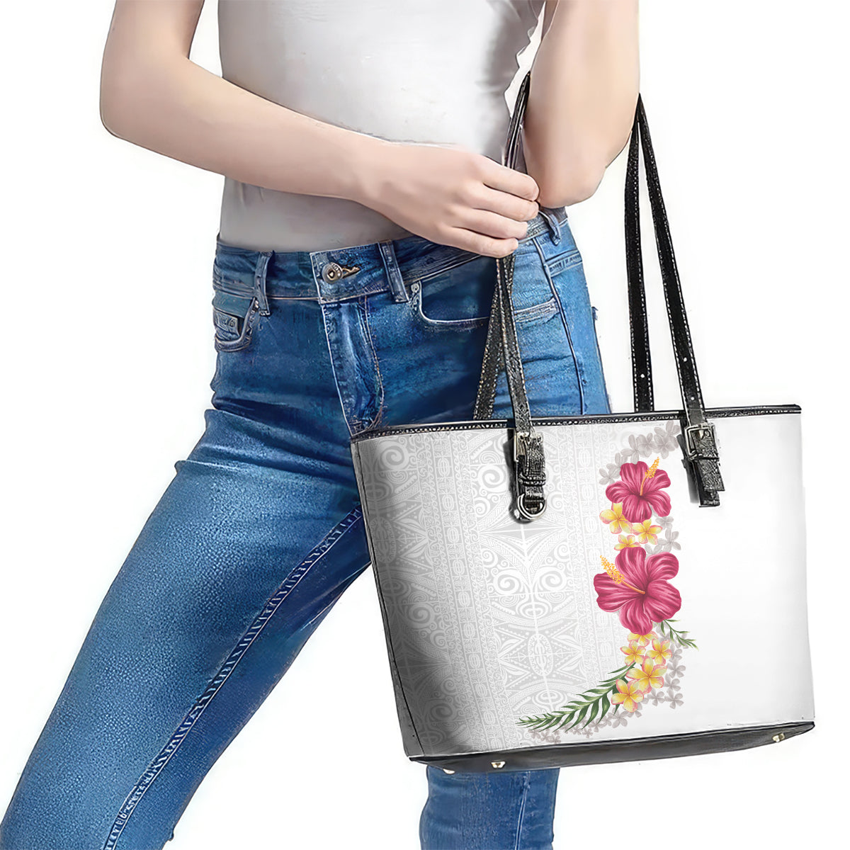 Hawaiian Plumeria and Hibiscus Leather Tote Bag White Mode