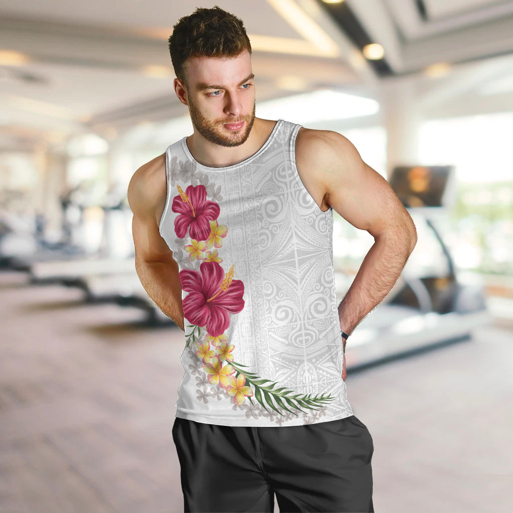 Hawaiian Plumeria and Hibiscus Men Tank Top White Mode