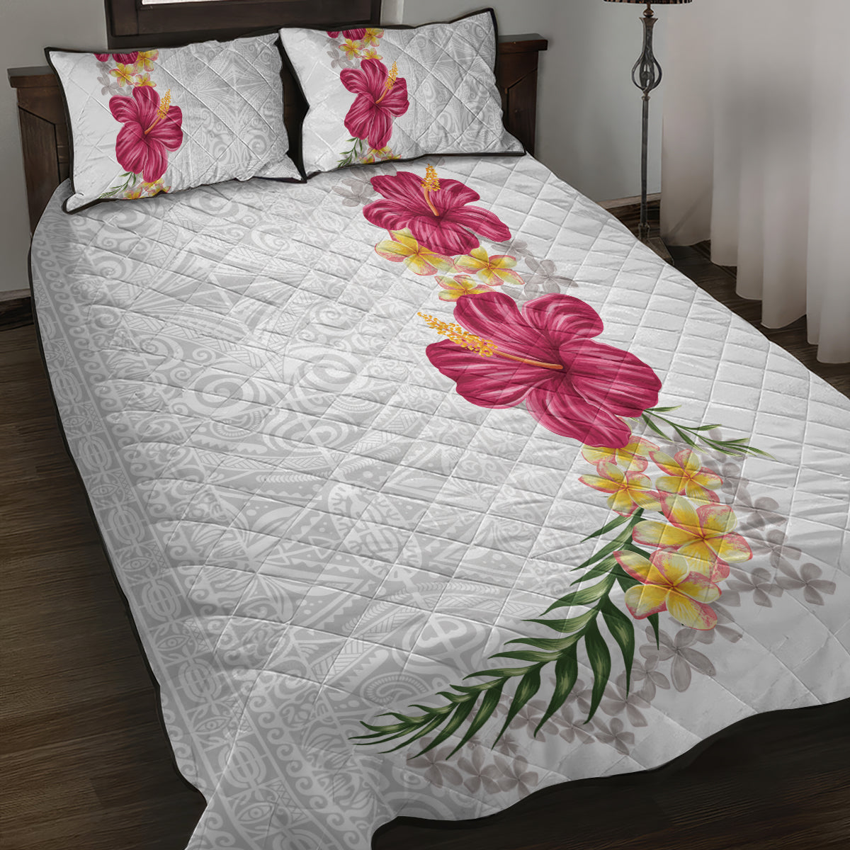 Hawaiian Plumeria and Hibiscus Quilt Bed Set White Mode