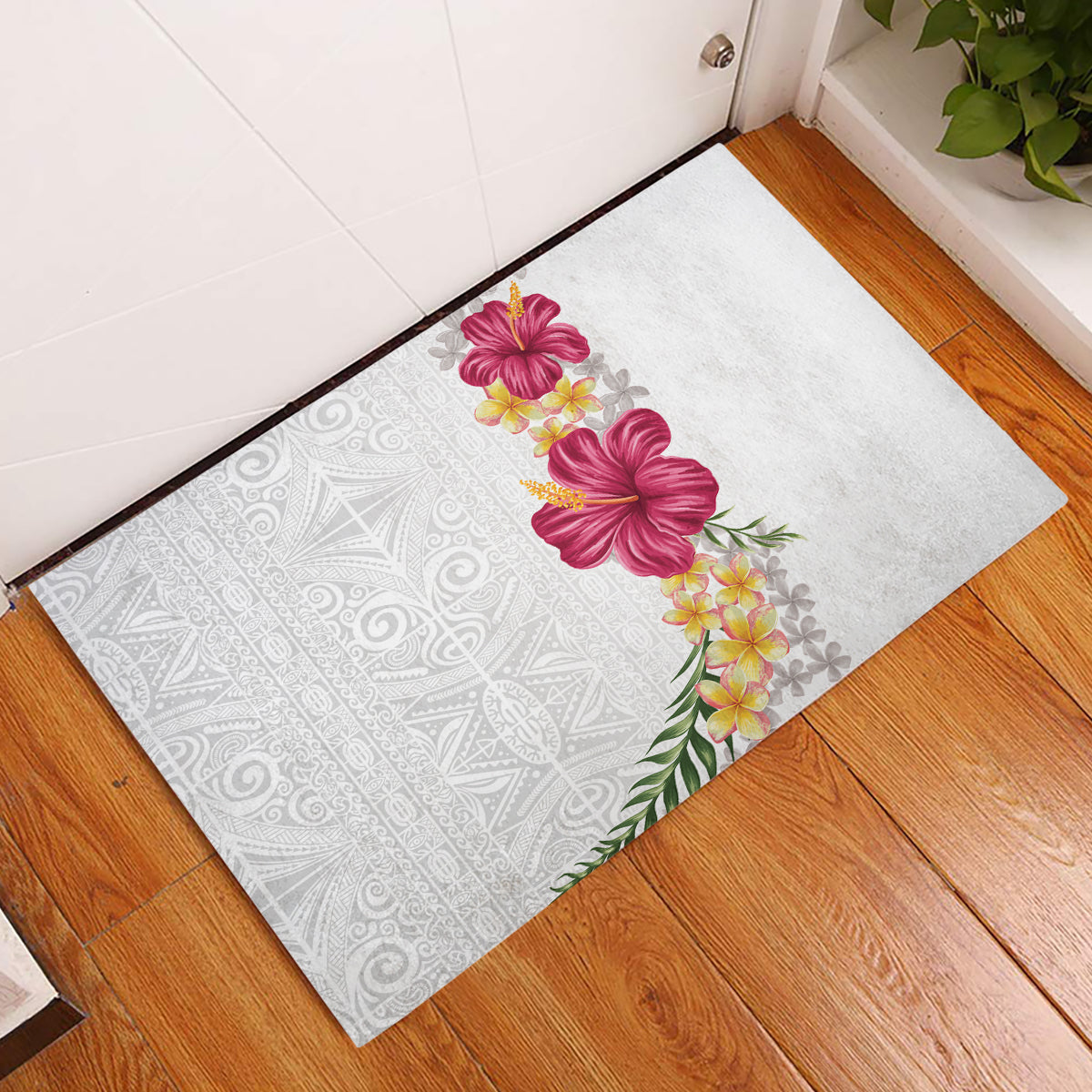 Hawaiian Plumeria and Hibiscus Rubber Doormat White Mode