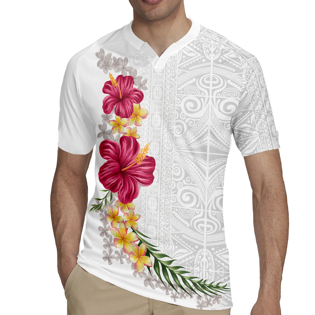 Hawaiian Plumeria and Hibiscus Rugby Jersey White Mode