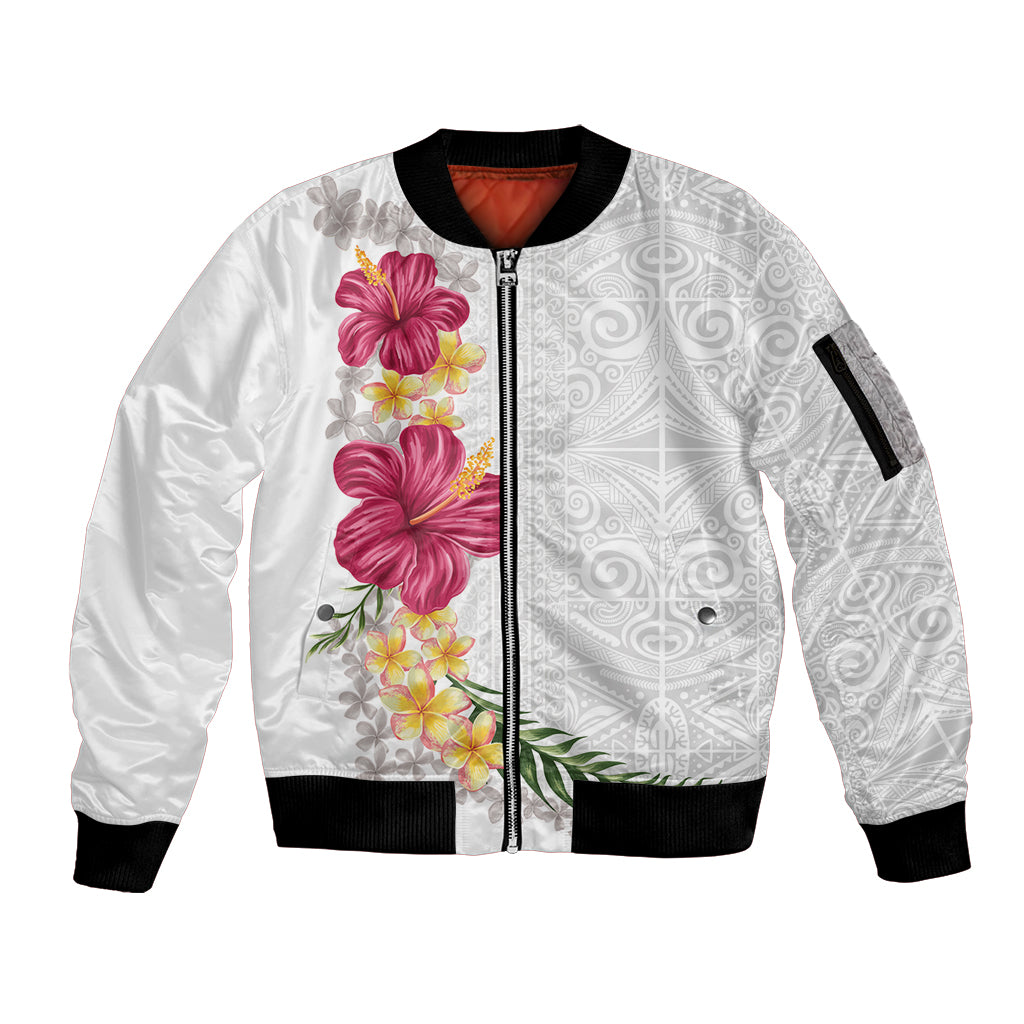 Hawaiian Plumeria and Hibiscus Sleeve Zip Bomber Jacket White Mode