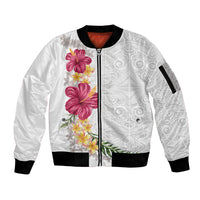 Hawaiian Plumeria and Hibiscus Sleeve Zip Bomber Jacket White Mode