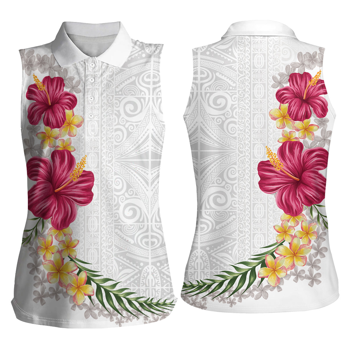 Hawaiian Plumeria and Hibiscus Women Sleeveless Polo Shirt White Mode