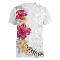 Hawaiian Plumeria and Hibiscus Women V-Neck T-Shirt White Mode