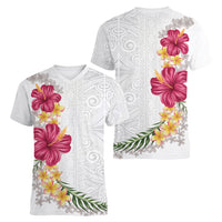 Hawaiian Plumeria and Hibiscus Women V-Neck T-Shirt White Mode