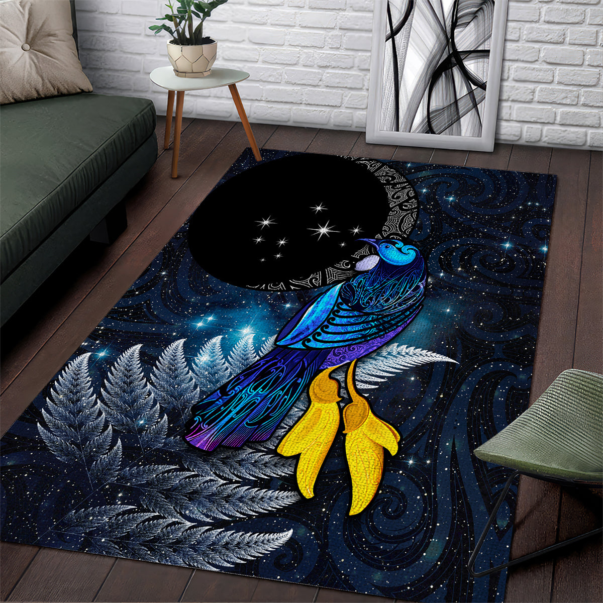 New Zealand Tui Bird Matariki Area Rug Galaxy Fern With Maori Pattern