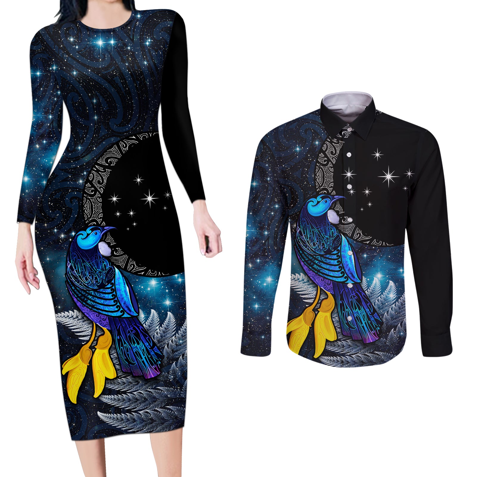 New Zealand Tui Bird Matariki Couples Matching Long Sleeve Bodycon Dress and Long Sleeve Button Shirt Galaxy Fern With Maori Pattern