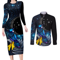 New Zealand Tui Bird Matariki Couples Matching Long Sleeve Bodycon Dress and Long Sleeve Button Shirt Galaxy Fern With Maori Pattern