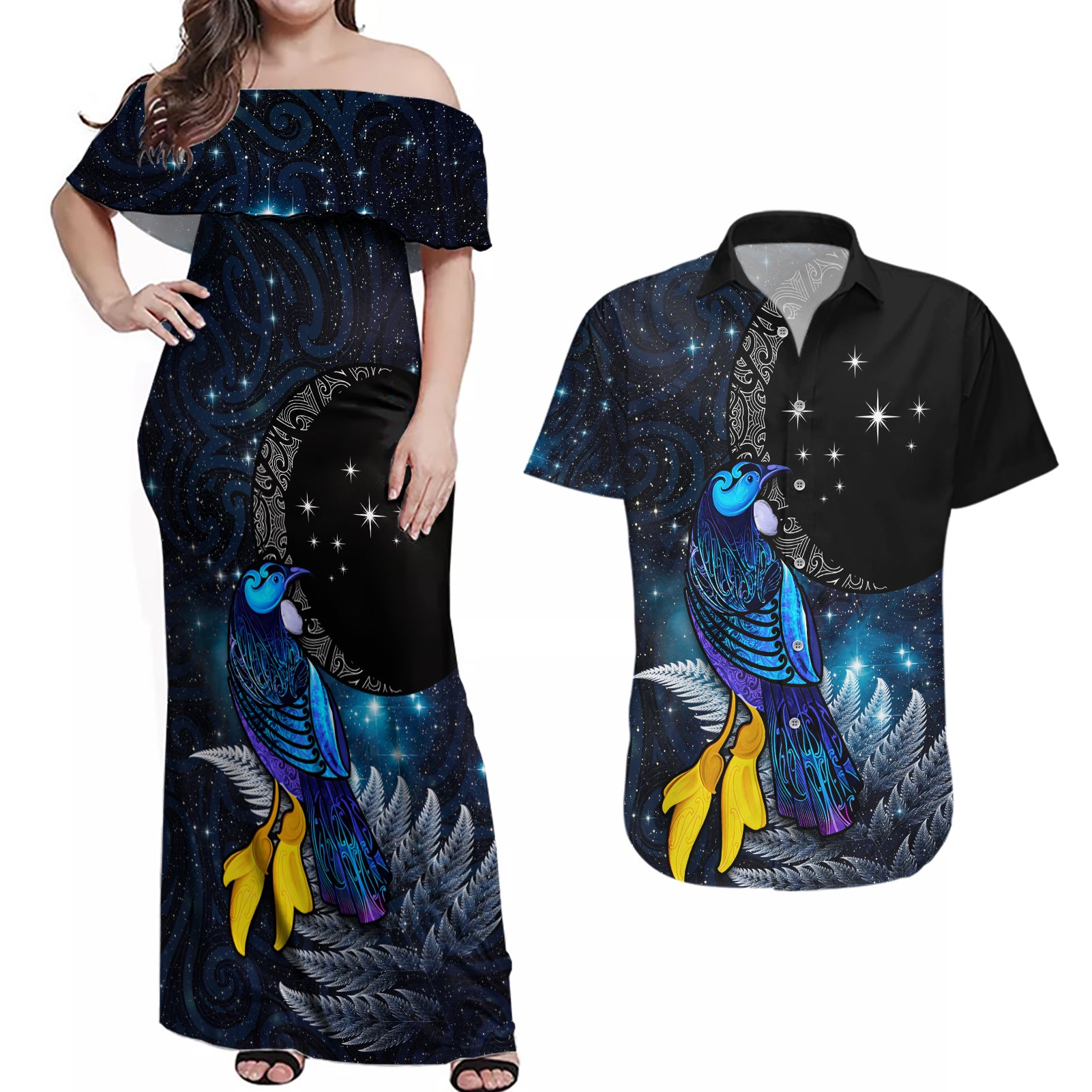 New Zealand Tui Bird Matariki Couples Matching Off Shoulder Maxi Dress and Hawaiian Shirt Galaxy Fern With Maori Pattern